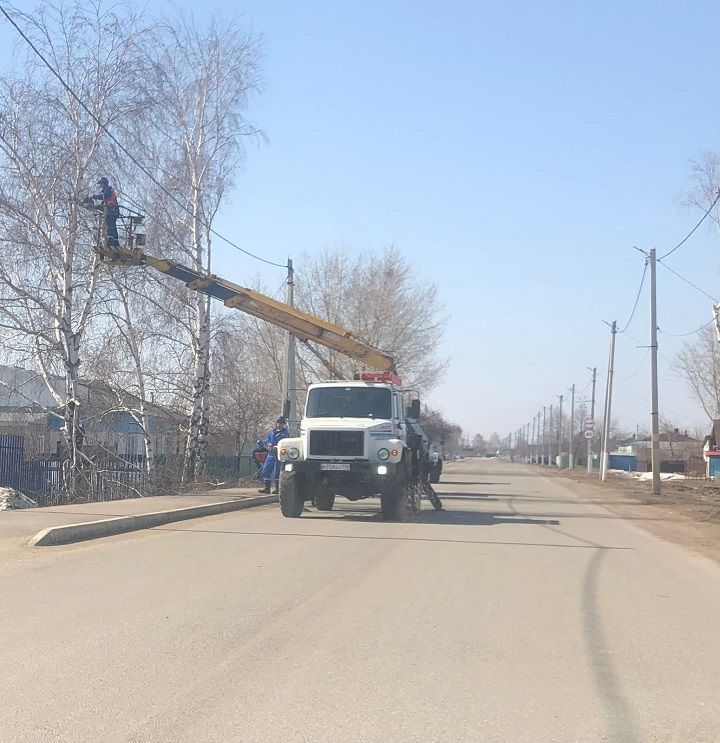 В ходе двухмесячника по благоустройству в Новошешминске идёт вырубка сухих веток деревьев, мешающих электролиниям
