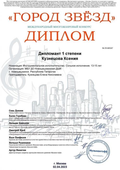 Кузнецова Ксения стала дипломантом I степени Международного конкурса «Город звезд»